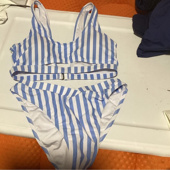 2Piece Bikini Set BlueWhite Stripe Full Coverage Swimsuit Tummy Control Padded M - Picture 2 of 3